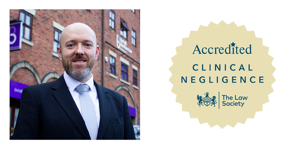 A head an shoulders of Andrew Taylor and the Law Society Clinical Negligence Accreditation logo