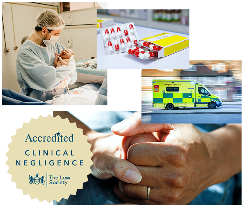 A collage of images of a man holding a baby, an ambulance, red and white pills and hands held in comfort