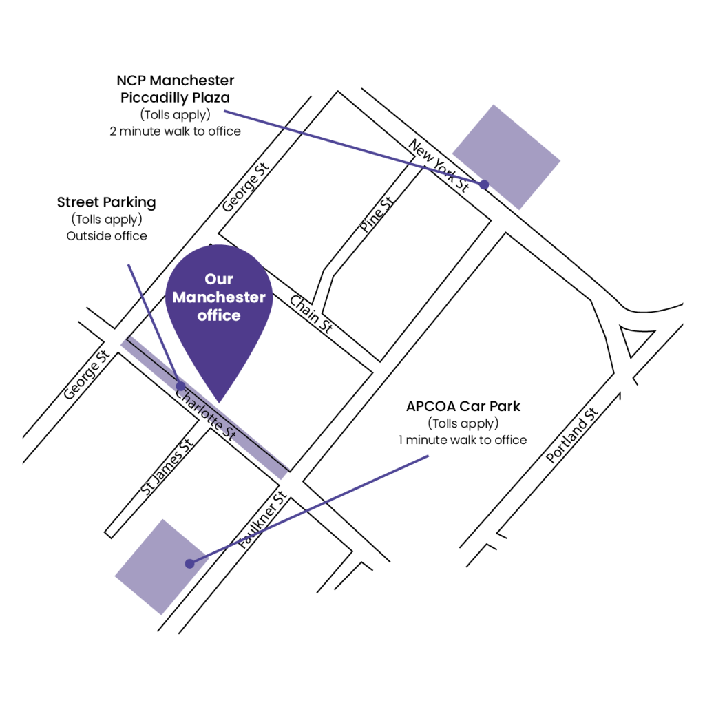 A map of where to park at our solicitors office in Manchester